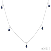 5x3 MM Pear Shape Sapphire and 1/8 Ctw Round Cut Diamonds Precious Station Necklace in 10K White Gold
