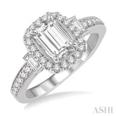 7/8 Ctw Diamond Engagement Ring with 1/2 Ct Octagon Cut Center Diamond in 14K White Gold