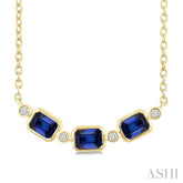 4X3 MM Emerald Cut Sapphire and 1/50 Ctw Bezel Set Round Cut Diamond Precious Fashion Necklace in 10K Yellow Gold