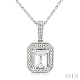 7X5 MM Octagon Shape White Topaz and 1/50 Ctw Round Cut Diamond Semi-Precious Pendant With Chain in Sterling Silver