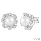 6x6 MM Round Shape Cultured Pearls and 1/10 Ctw Round Cut Diamond Earrings in Sterling Silver