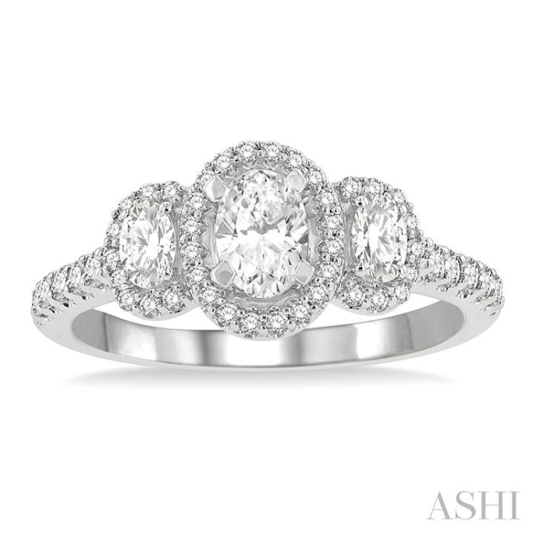 1 Ctw Past, Present & Future Round Cut Diamond Engagement Ring With 3/8 Ct Oval Cut Center Stone in 14K White Gold
