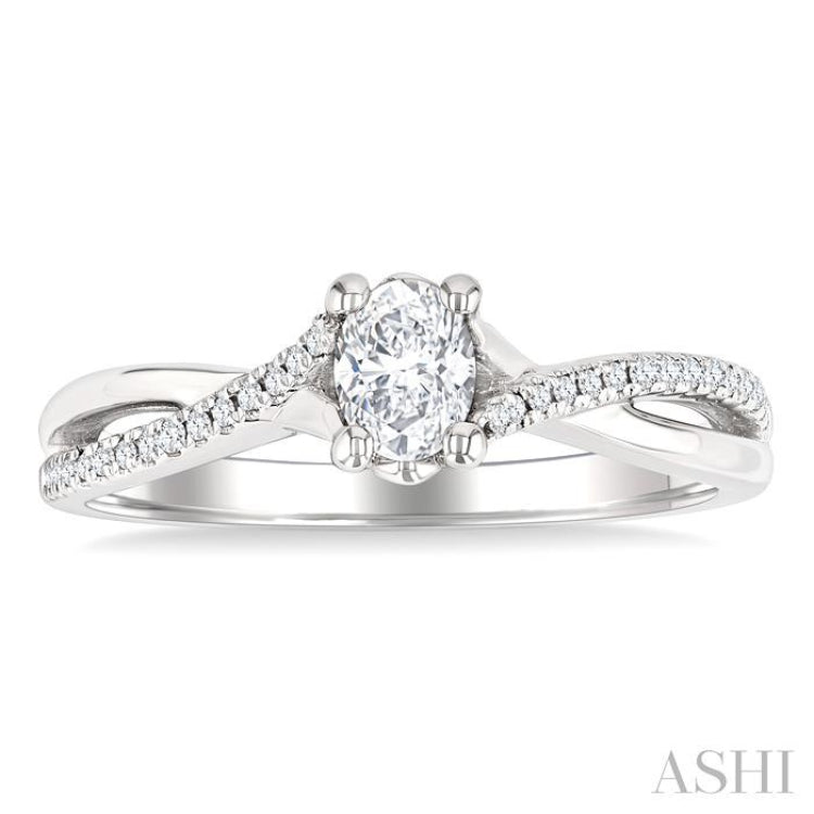 1/2 Ctw Split Criss Cross Shank Round Cut Diamond Engagement Ring With 1/3 Ct Oval Cut Diamond Center Stone in 14K White Gold