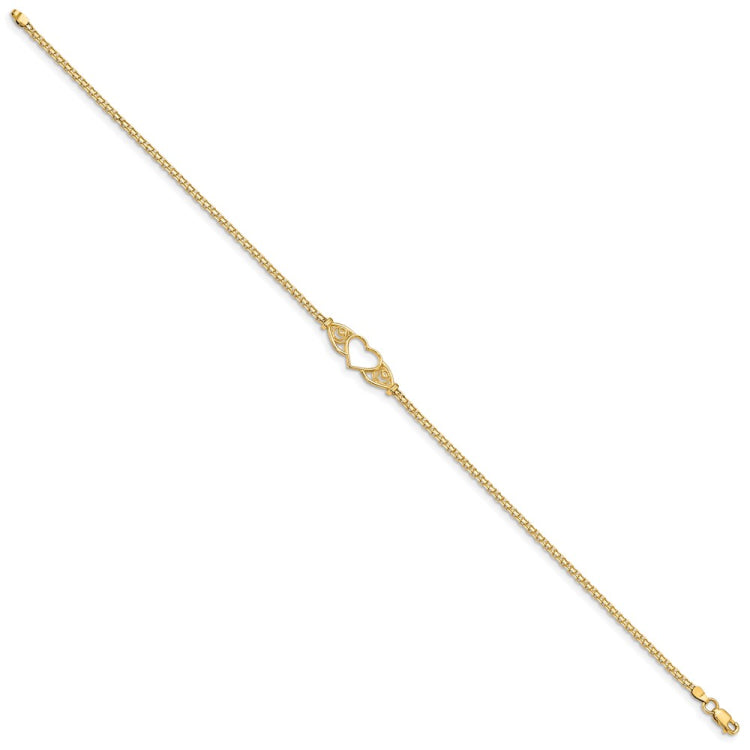 14k Polished Open Heart with Filigree and Bismark Chain 10 inch  Anklet