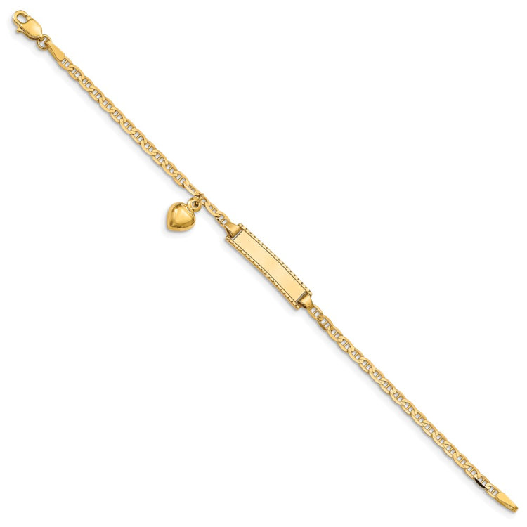 14k Polished Solid Chain/Solid Plate Heart Dangle Anchor Link 20x5mm Plate 6 inch Baby/Child ID Bracelet