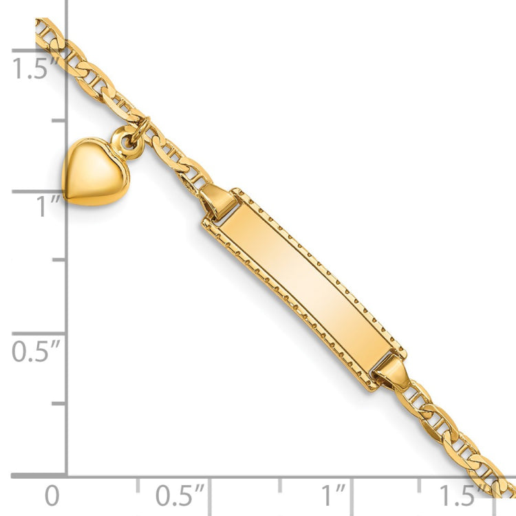 14k Polished Solid Chain/Solid Plate Heart Dangle Anchor Link 20x5mm Plate 6 inch Baby/Child ID Bracelet