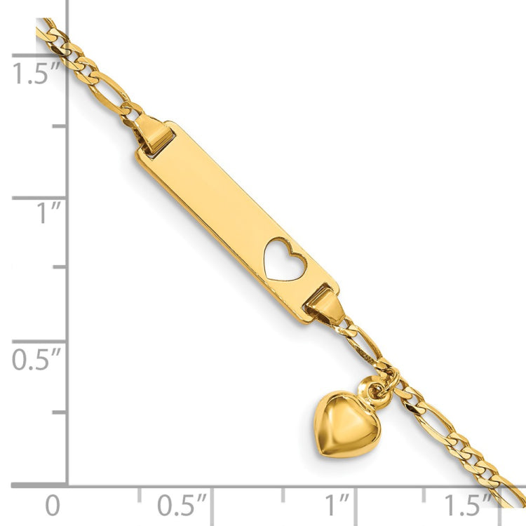 14k Polished Solid Chain/Solid Plate Cut-out Heart with Heart Dangle Figaro Link 21x5mm Plate 6 inch Baby/Child ID Bracelet