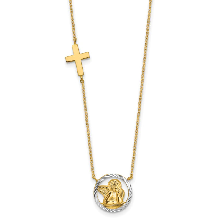14k and White Rhodium Diamond-cut Angel and Cross 17 inch Necklace