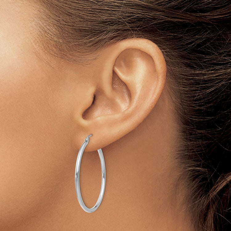 14k White Gold 2x35mm Polished Lightweight Tube Hoop Earrings