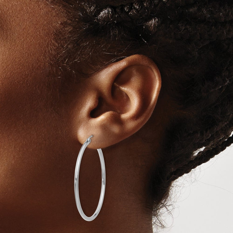 14k White Gold 2x40mm Polished Lightweight Tube Hoop Earrings