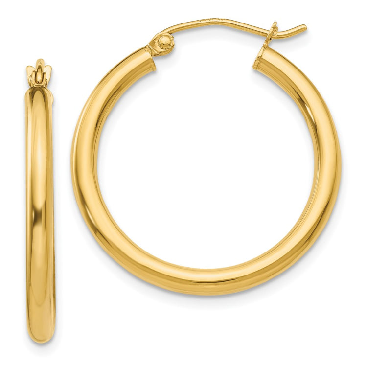 14K 2.5x25mm Polished Round Tube Hoop Earrings