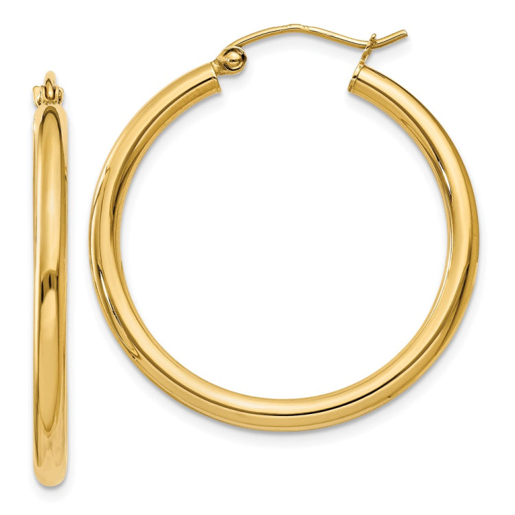 14K 2.5x30mm Polished Round Tube Hoop Earrings
