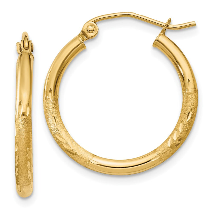 14k 2x20mm Satin Diamond-cut Round Tube Hoop Earrings