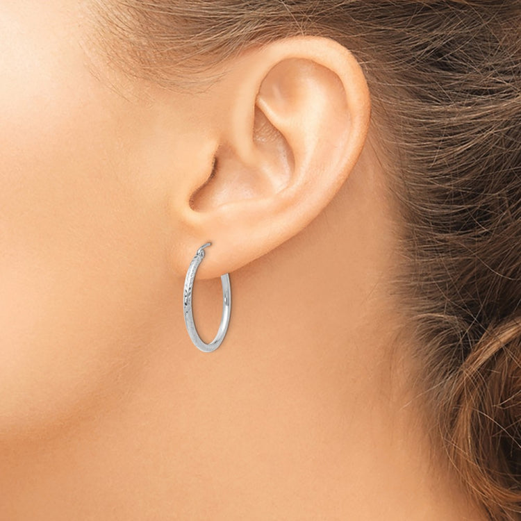 14k White Gold 2x25mm Diamond-cut Round Tube Hoop Earrings