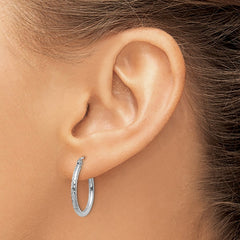 14k White Gold 2x20mm Diamond-cut Round Tube Hoop Earrings