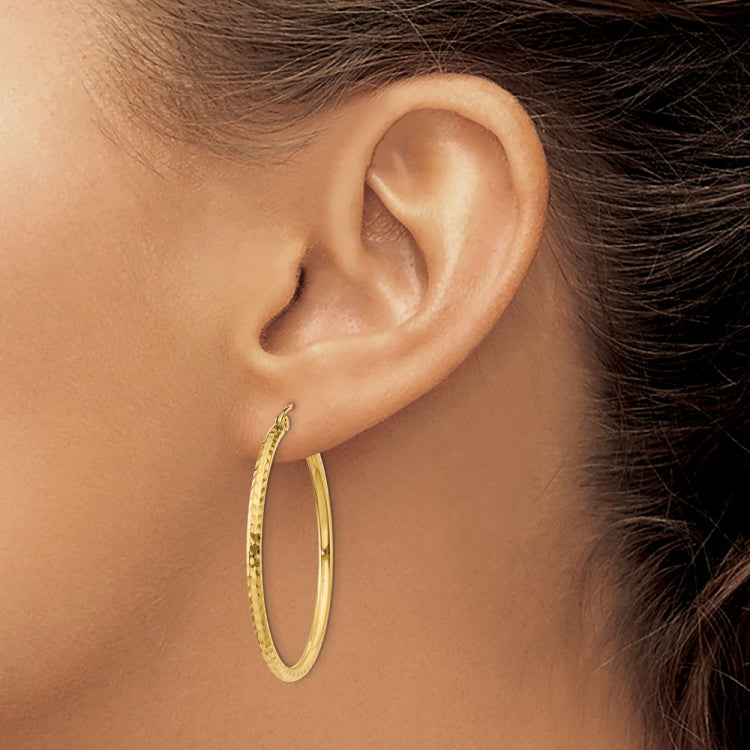 14k 2x35mm Diamond-cut Round Tube Hoop Earrings