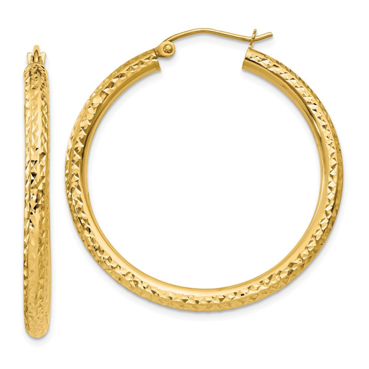 14k 3x35mm Diamond-cut Round Tube Hoop Earrings