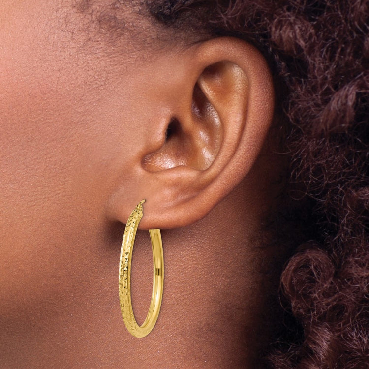 14k 3x35mm Diamond-cut Round Tube Hoop Earrings