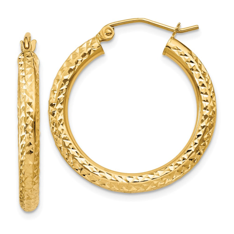14k 3x25mm Diamond-cut Round Tube Hoop Earrings