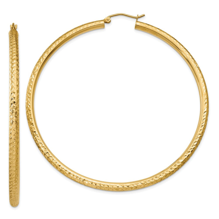 14k 3x65mm Diamond-cut Round Tube Hoop Earrings