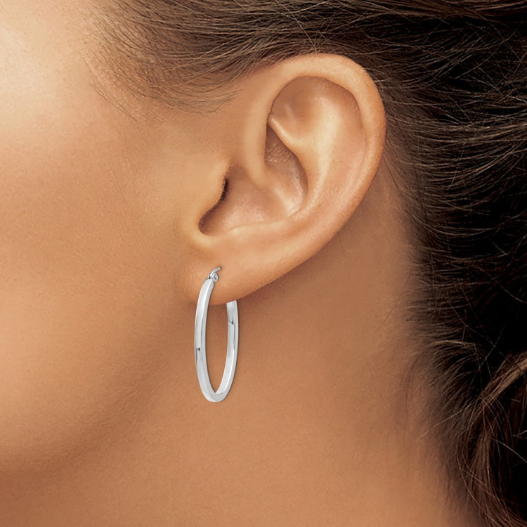 14k White Gold 2x30mm Polished Oval Tube Hoop Earrings