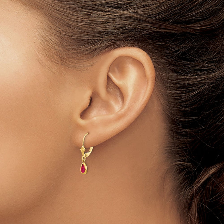 14k 6x4mm Pear Bezel July/Ruby Leverback Earrings