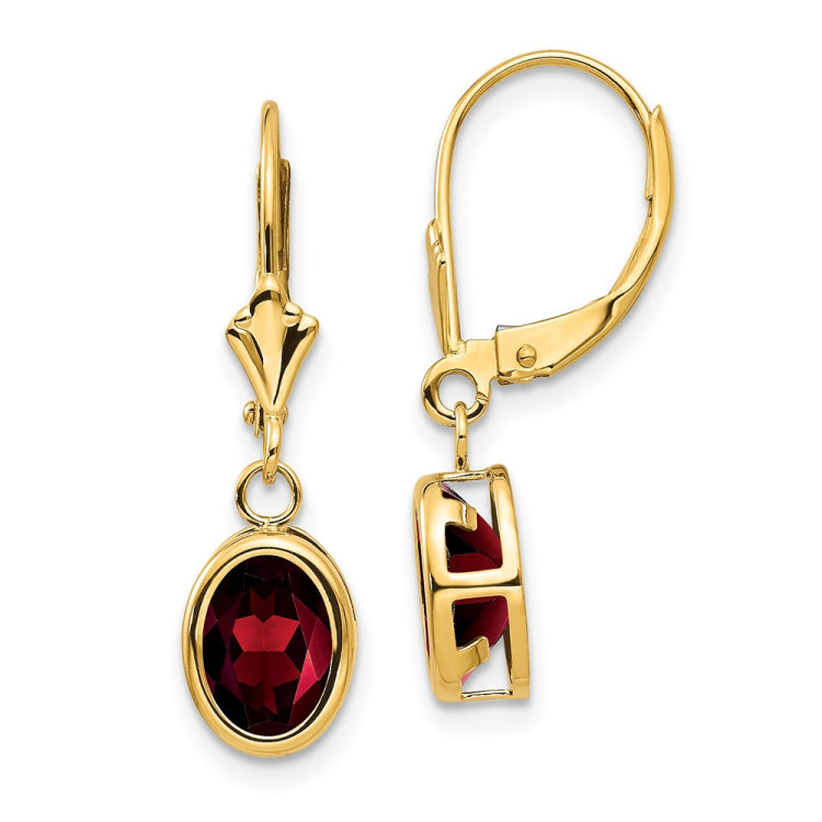 14k 8x6mm Oval Garnet Bezel Leverback Dangle Earrings