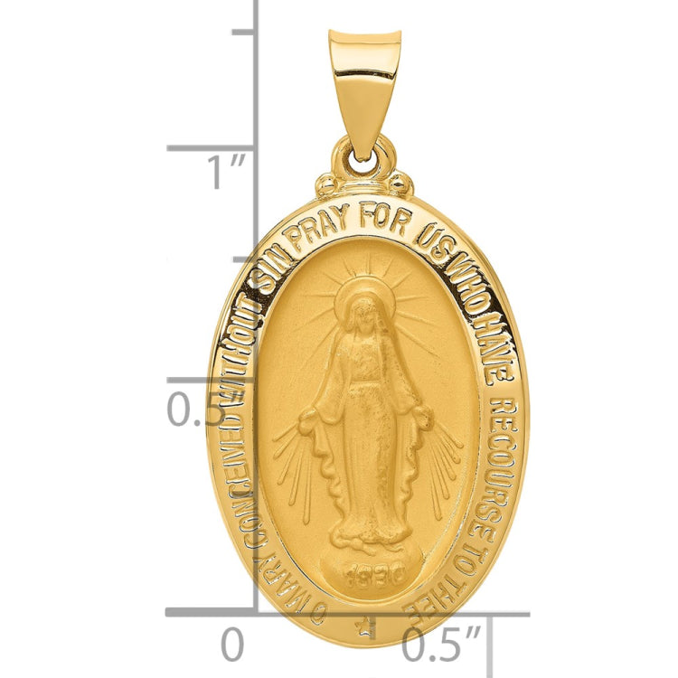 14k Polished and Satin Hollow Miraculous Medal Oval Pendant
