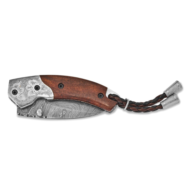 Luxury Giftware Damascus Steel 256 Layer Folding Blade Steel Guard Tali Wood Handle Knife with Leather Sheath and Wooden Gift Box