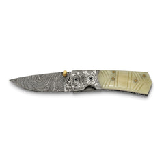 Luxury Giftware Damascus Steel 256 Layer Folding Carved Camel Bone Handle Knife with Leather Sheath and Wooden Gift Box