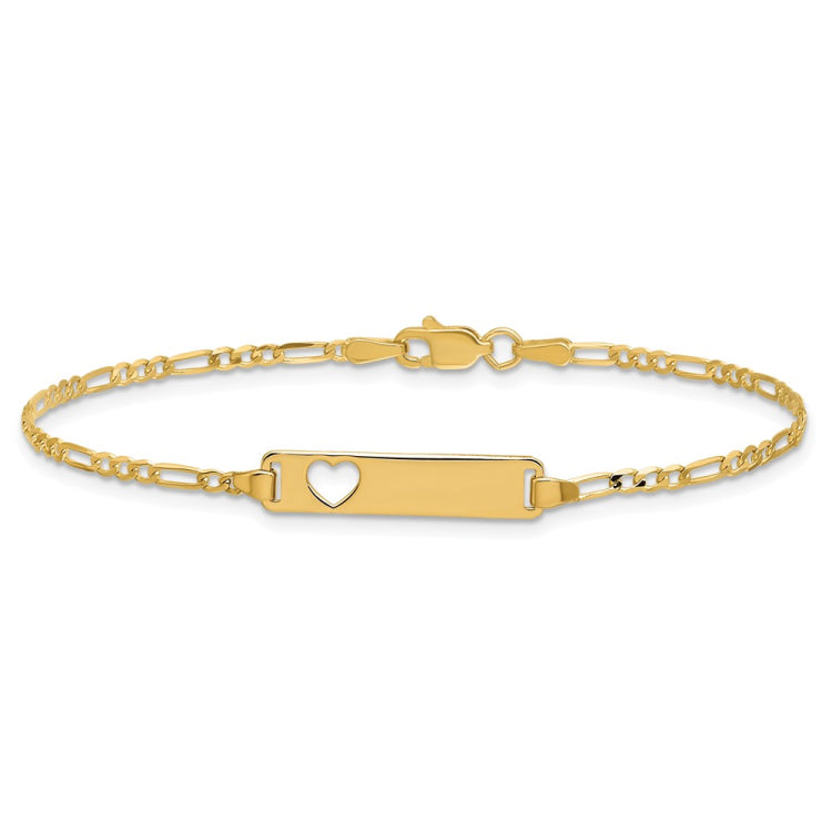 14k Polished Solid Chain/Solid Plate Figaro Link Cut-out Heart 20x5mm Plate 7 inch ID Bracelet