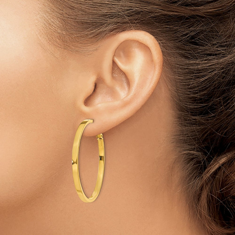 14k 3x45mm Polished Square Tube Omega Back Round Hoop Earrings