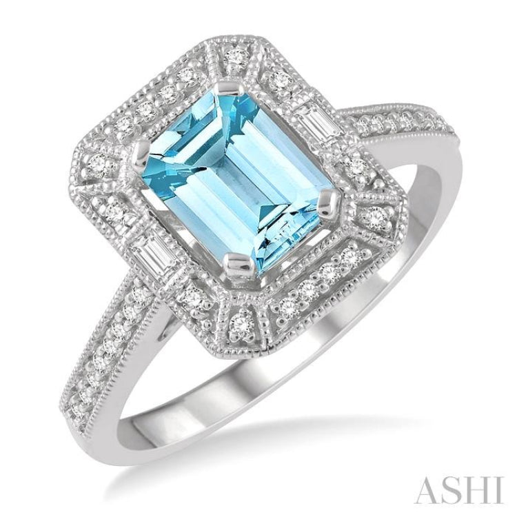 1/5 Ctw Emerald Shape 7x5MM Aquamarine, Baguette and Round Cut Diamond Precious Ring in 14K White Gold