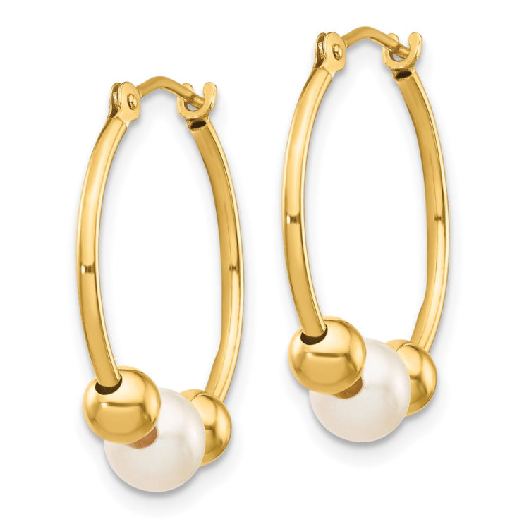 14K 5-6mm White Semi-round Freshwater Cultured Pearl and Beads Polished Hoop Earring
