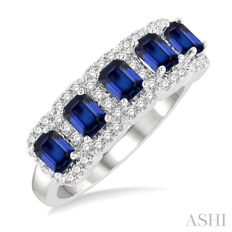 4x3 MM Emerald Shape Sapphire and 1/2 Ctw Round Cut Diamond Precious Wedding Band in 14K White Gold
