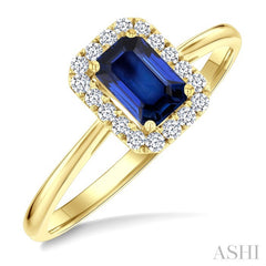 6x4 MM Octagonal Shape Sapphire and 1/6 Ctw Round Cut Diamond Halo Precious Ring in 10K Yellow Gold
