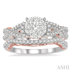 7/8 Ctw Lovebright Diamond Wedding Set With 5/8 Ctw Round Entwined Shank Engagement Ring and 1/5 Ctw Wedding Band in 14K White and Rose Gold