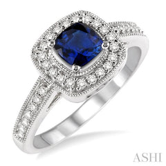 5x5 MM Cushion Shape Sapphire and 1/4 Ctw Round Cut Diamond Ring in 14K White Gold