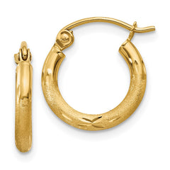 14k 2x13mm Satin Diamond-cut Round Tube Hoop Earrings