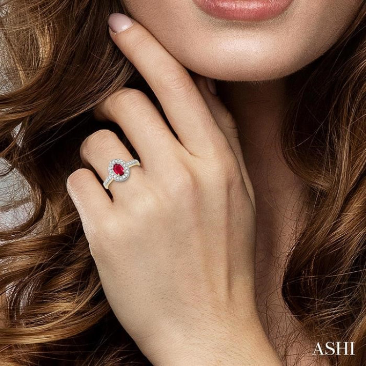 6x4 MM Oval Cut Ruby and 1/4 Ctw Round Cut Diamond Ring in 14K Yellow Gold