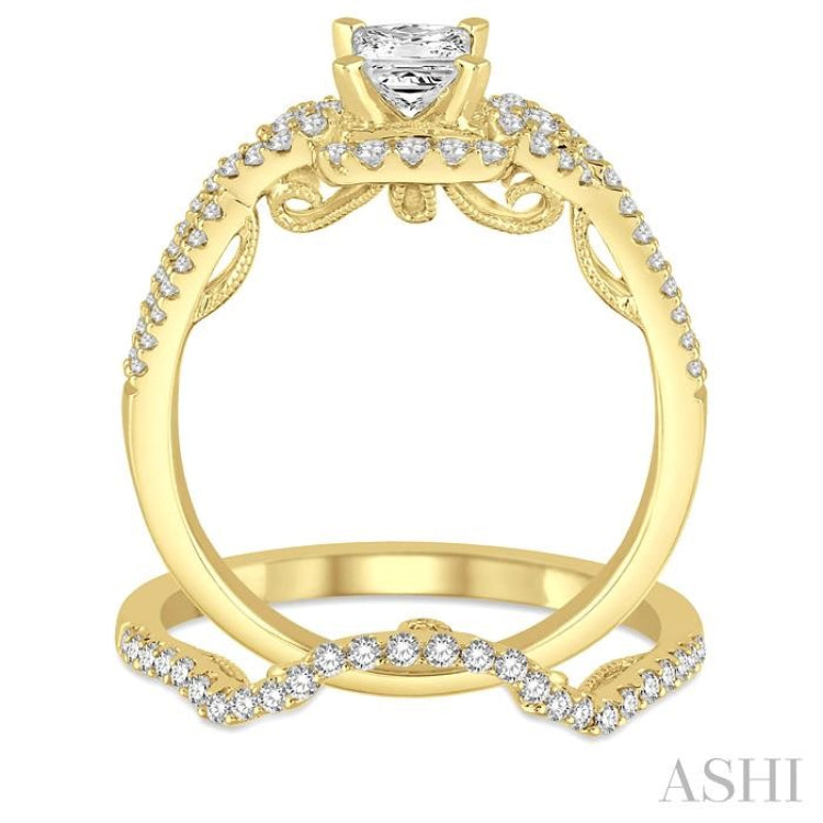 3/4 Ctw Diamond Bridal Set with 1/2 Ctw Princess Cut Engagement Ring and 1/6 Ctw Wedding Band in 14K Yellow Gold