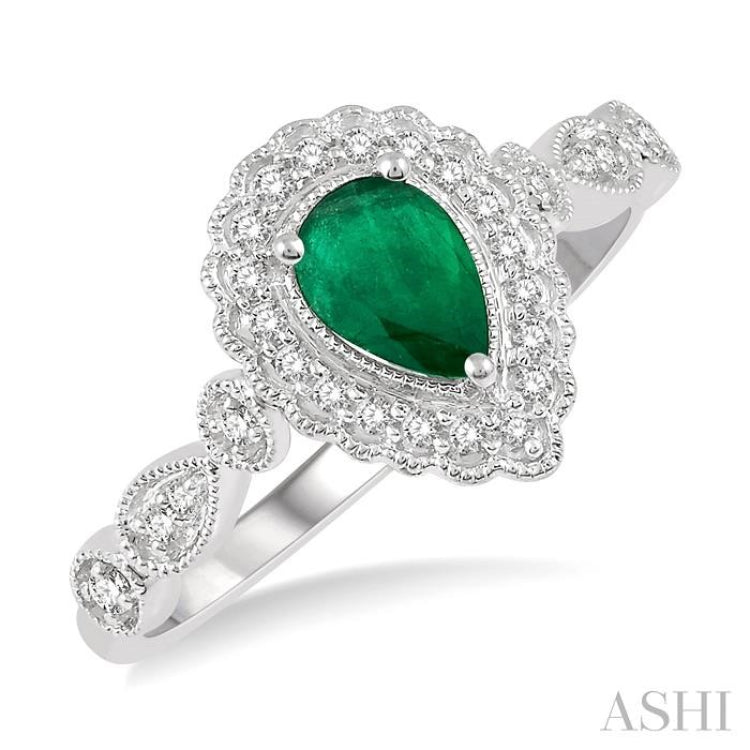 6x4 MM Pear Shape Emerald and 1/6 Ctw Round Cut Diamond Precious Ring in 10K White Gold