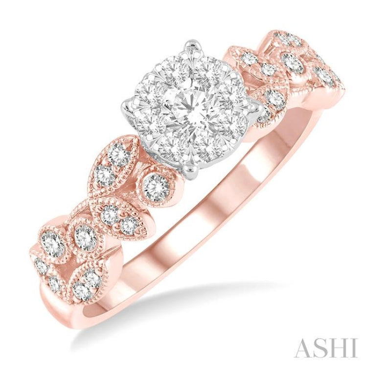 1/2 Ctw Marquise and Circular Mount Carved Lovebright Round Cut Diamond Engagement Ring in 14K Rose and White Gold
