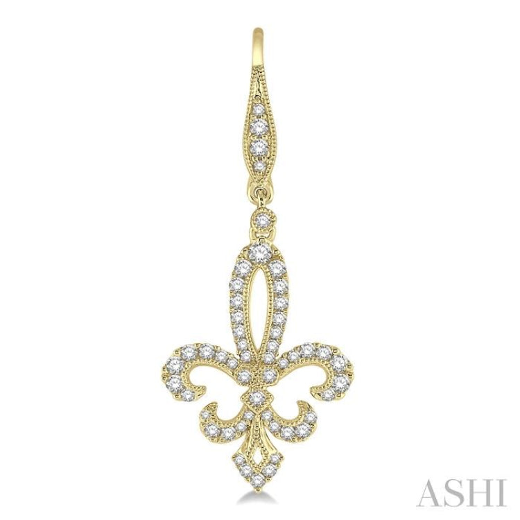 3/4 Ctw Fleur De Lis Round Cut Diamond Hanging Earrings in 14K Yellow Gold