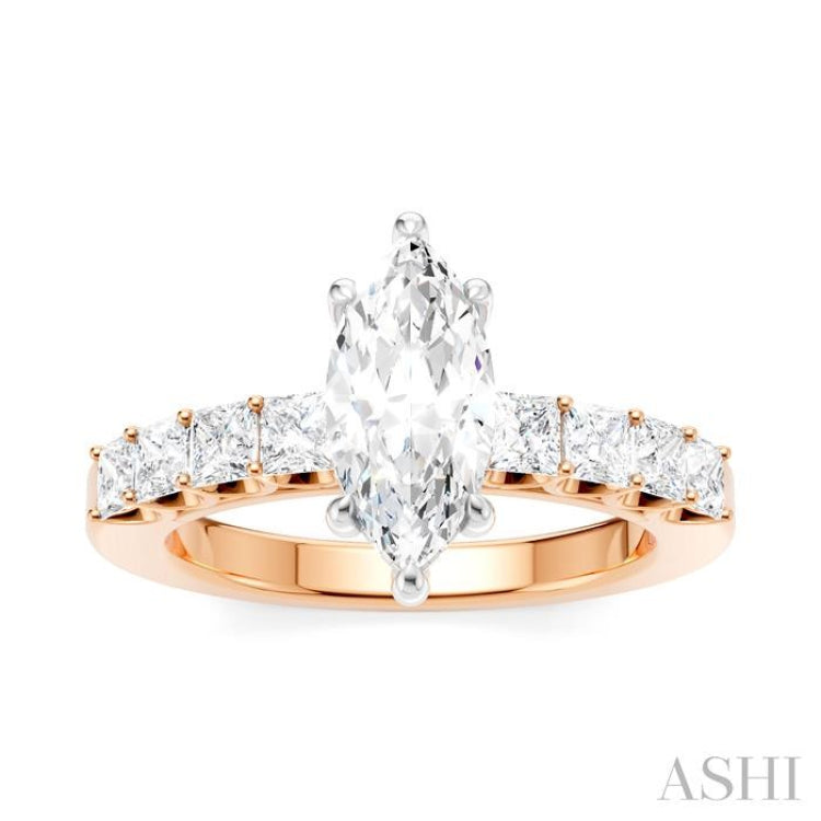 7/8 Ctw Marquise Shape Princess and Round Cut Diamond Semi-Mount Engagement Ring in 14K Rose and White Gold