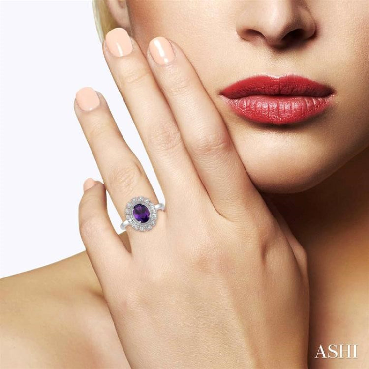 8x6 MM Oval Shape Amethyst and 1/10 Ctw Lattice Round Cut Diamond Semi-Precious Ring in 10K White Gold