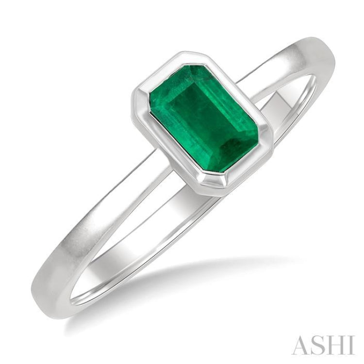 6X4 MM Bezel Set Emerald Precious Solitaire Ring in 14K White Gold
