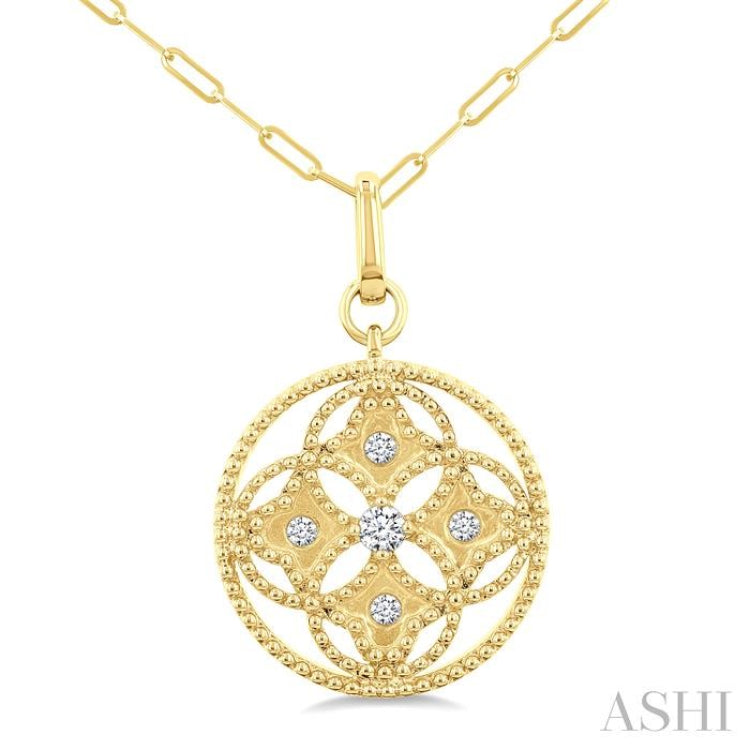 1/5 Ctw Floral Motif Round Cut Diamond Circle Medallion Fashion Pendant With Chain in 14K Yellow Gold
