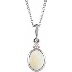 Sterling Silver 10x8 mm Natural White Opal & .03 CT Natural Diamond 16-18" Necklace