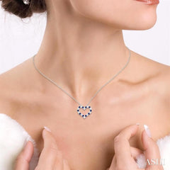2.3 MM Round Cut Sapphire and 1/2 Ctw Open Heart Round Cut Diamond Precious Fashion Pendant With Chain in 14K White Gold